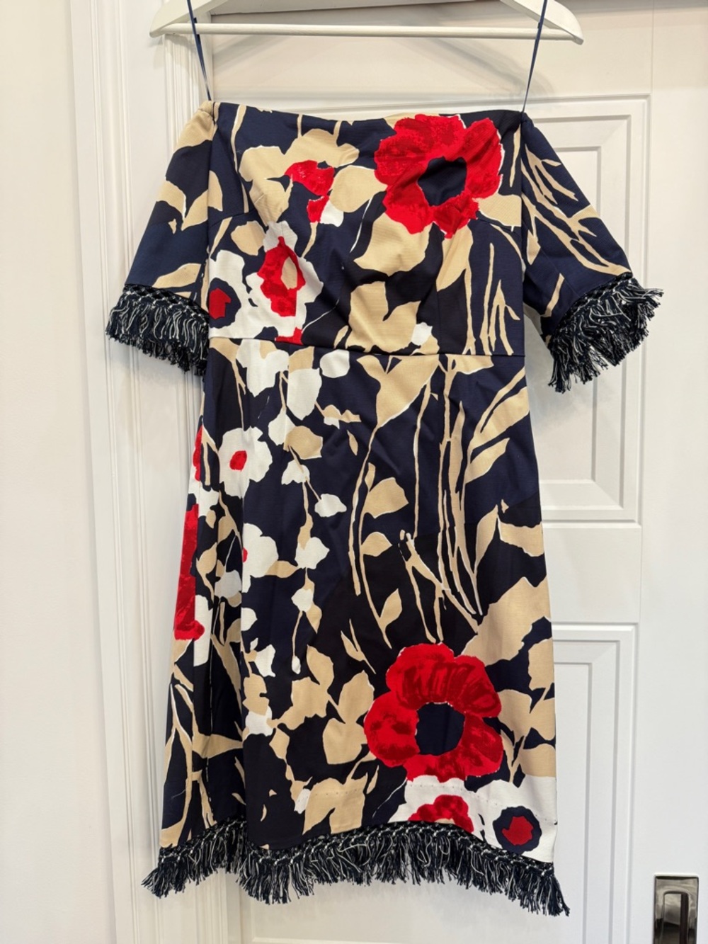 NWT TRINA TURK JOY DRESS OFD SHOULDER FLORAL NAVY RED 0 RETAIL $348